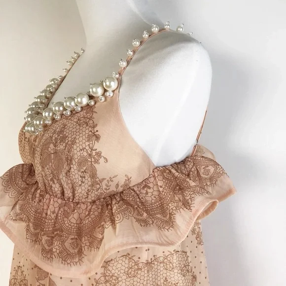 Stunning Designer Pink Chiffon Lace Pearl Maxi Dress